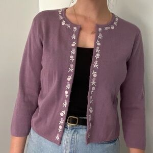 Purple Embroidered Zip-Up Sweater